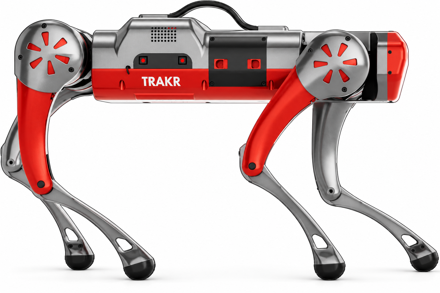 Addverb Trakr, red and grey quadruped robot, studio photo from the side on a white background