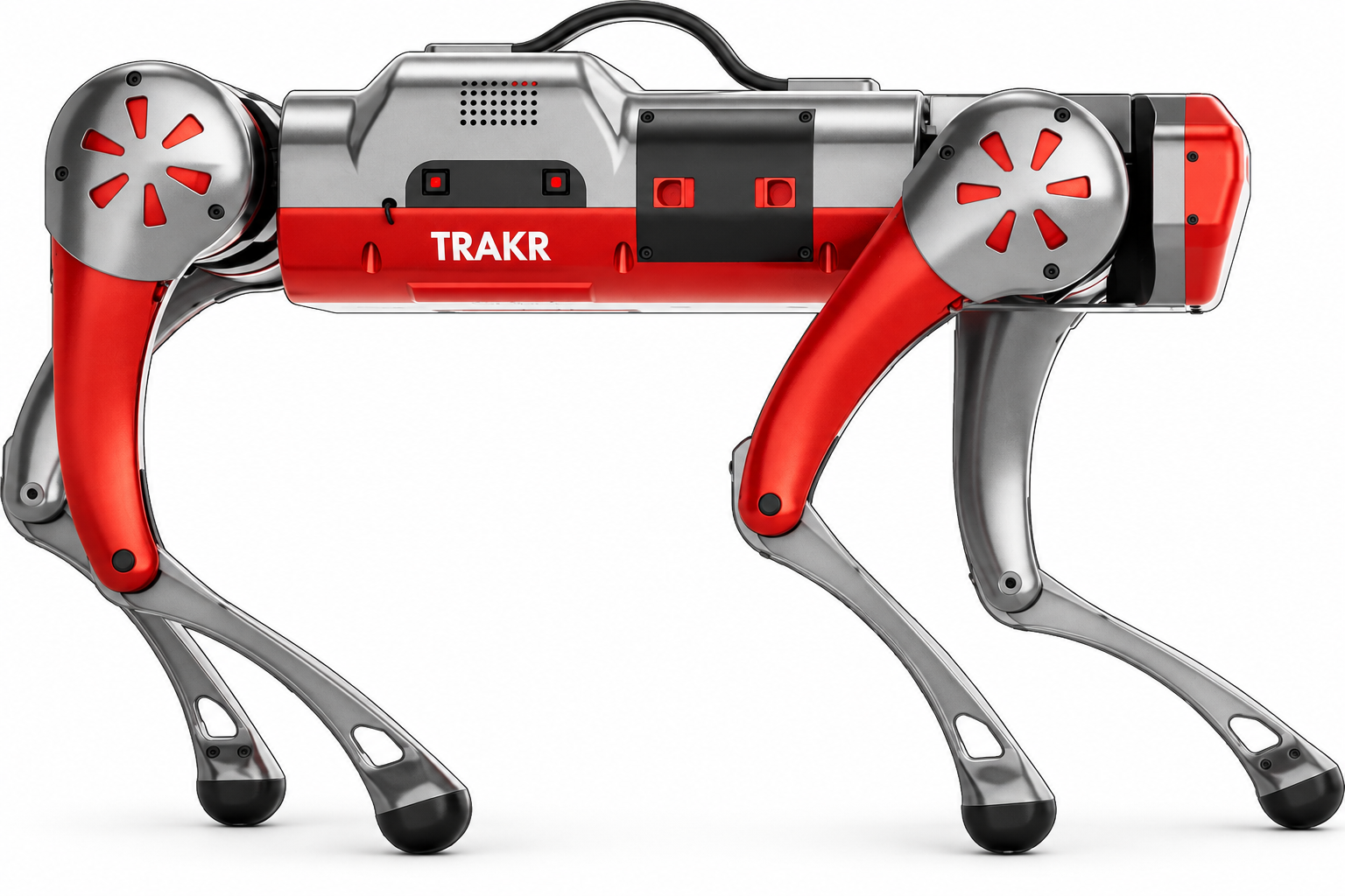 Addverb Trakr, red and grey quadruped robot, studio photo from the side on a white background