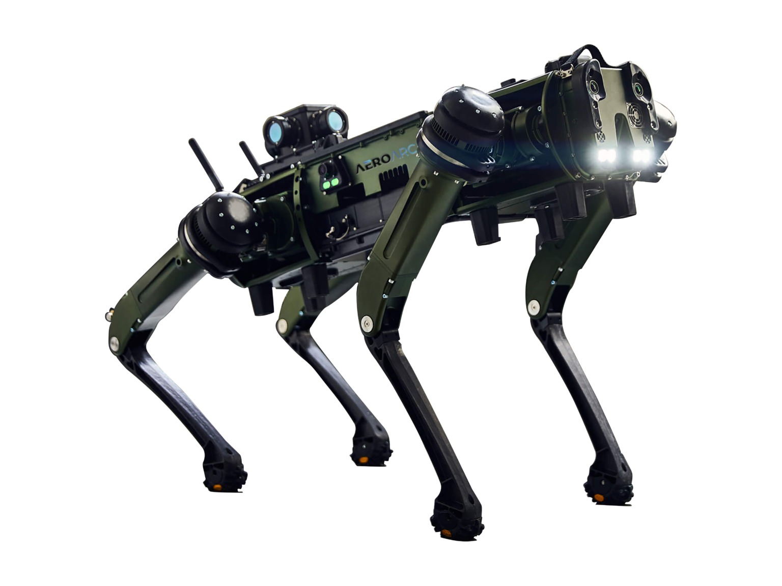 AeroArc MULE, olive-green quadruped robot with front lights and cameras on its back, manufacturer product image