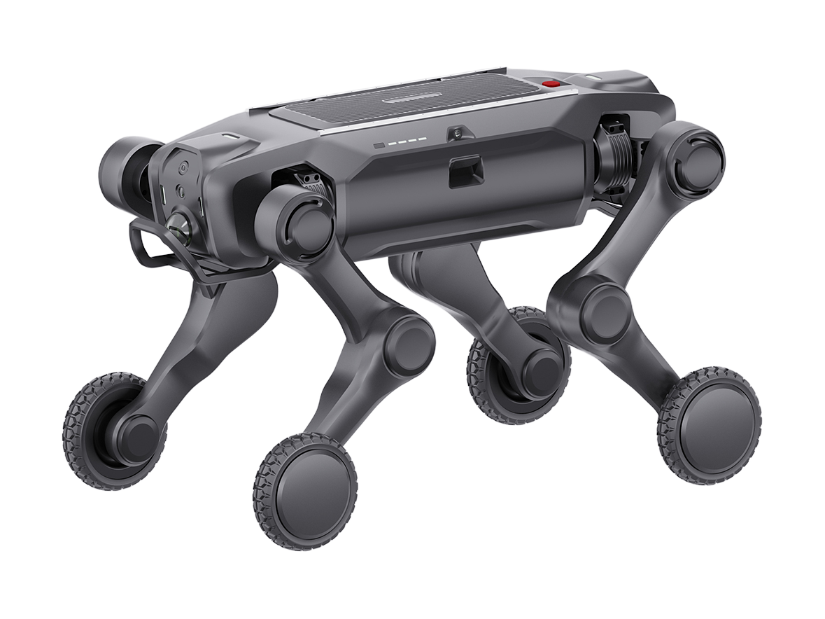 Agibot D2 Max, dark grey four-legged robot with a long, angular body, heavy joints and a wheel at the end of each leg, seen from the front at an angle, manufacturer rendering