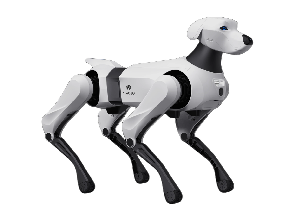 AiMOGA Argos, white and black quadruped robot with a dog-like head, seen from the side, manufacturer image