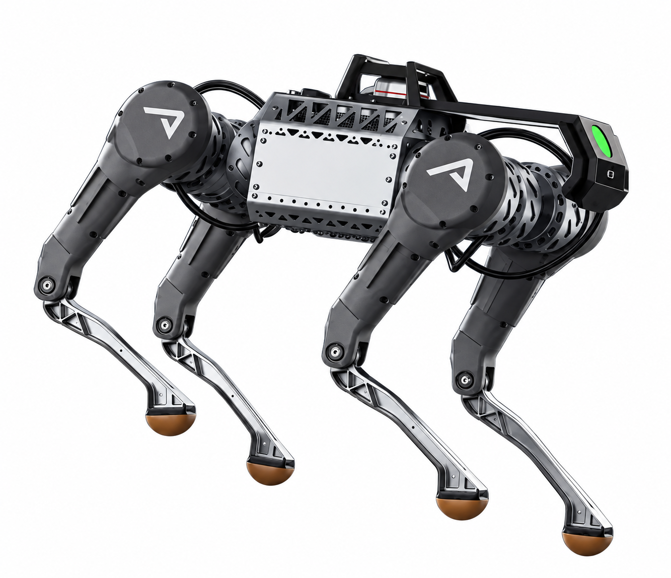 AKIN Robotics ARAT 4.2, grey and black quadruped robot with a white side plate, a triangular logo on the hip joints, and round brown feet, studio photo on a white background