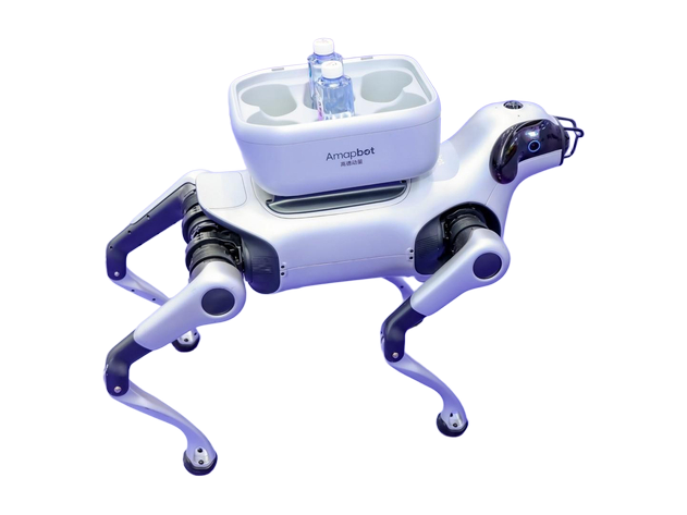 Amap Tutu, white quadruped robot with a black head and a white tray with an Amapbot logo on its back, seen from the side, press photo