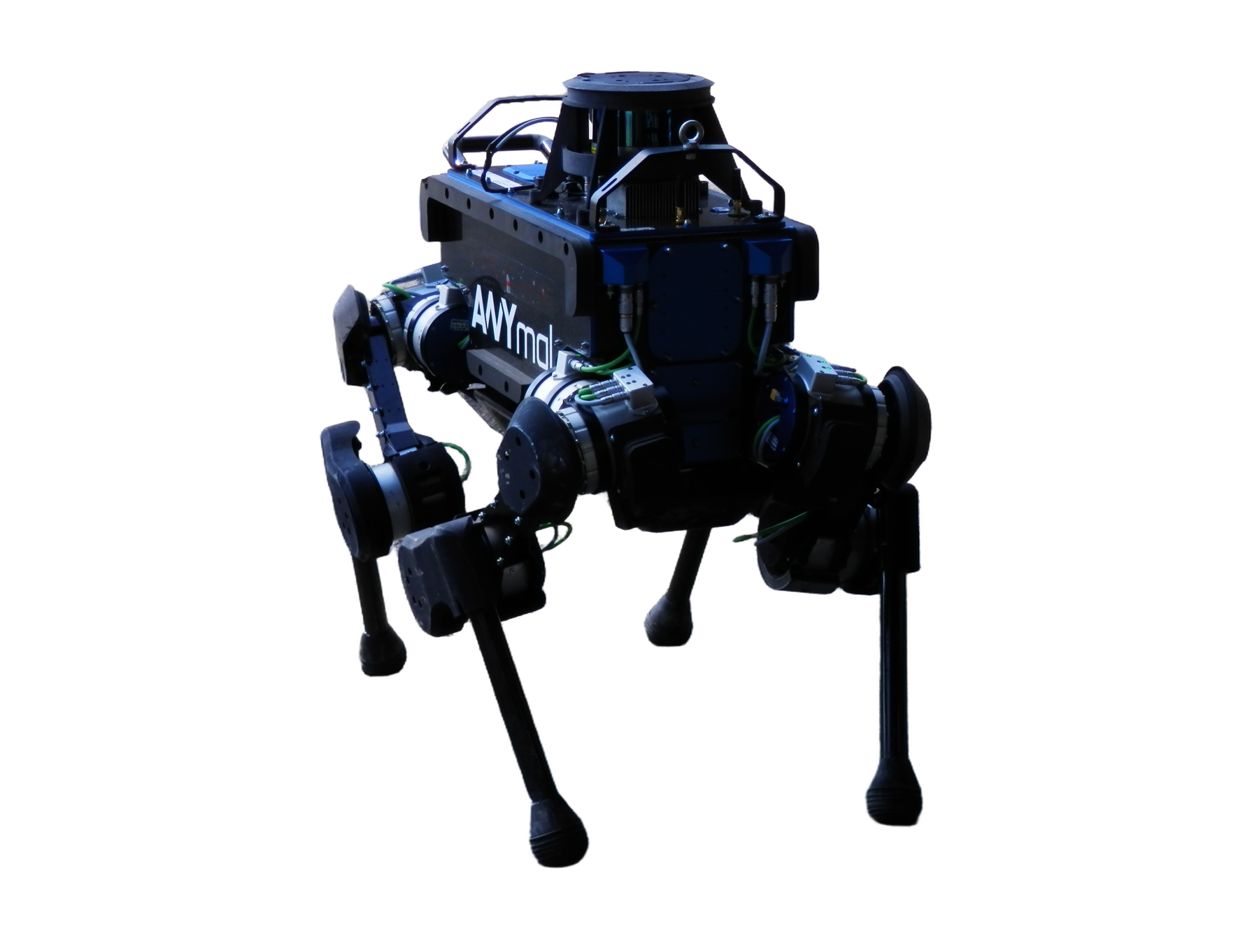ANYbotics ANYmal B, black quadruped robot with a sensor tower on its back, seen from the front