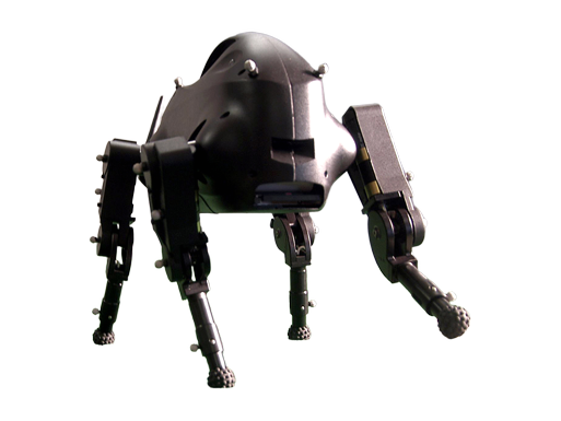 Boston Dynamics LittleDog, small black quadruped robot with a domed body and four jointed legs, seen from the front, Boston Dynamics photo