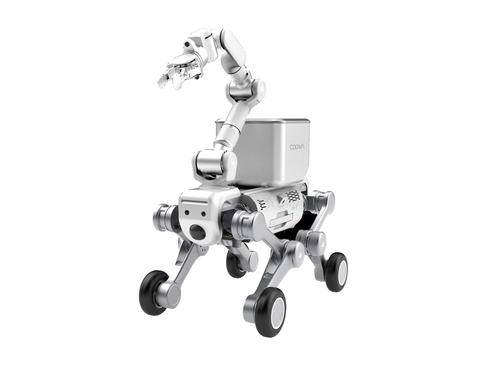 COOWA C0, quadruped robot with a white body, silver-grey legs ending in black wheels, and a jointed arm with a gripper hand and a grey closed box mounted on its back, seen from the front at an angle