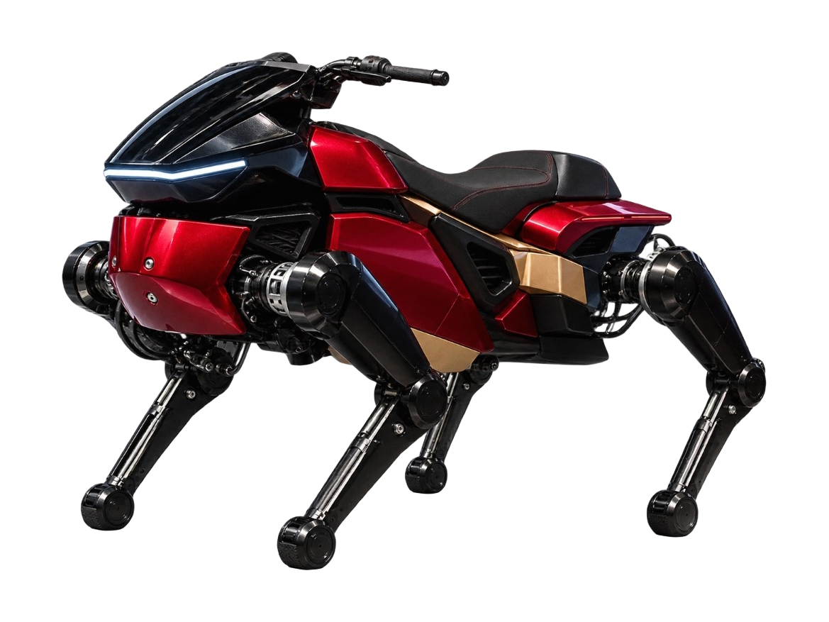 DaxAI Qiji X1, red and black rideable quadruped robot with a seat and handlebars, product image