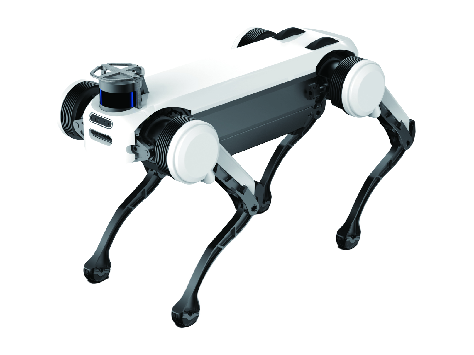 DEEP Robotics Jueying Pro, white and grey quadruped robot with a LiDAR at the front of its back, manufacturer product image