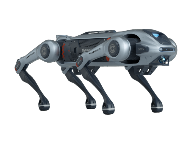 EngineAI JS01, silver and black quadruped robot seen at an angle from the front, manufacturer product image