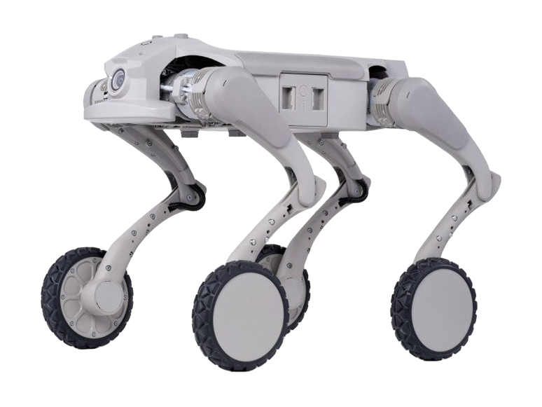 Faraday Future FX Aegis Ultra W, light grey quadruped robot with a wheel at the end of each leg, seen at an angle from the front, manufacturer image