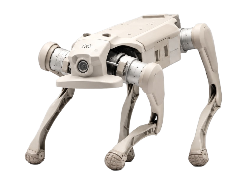 Faraday Future FX Aegis, sand-coloured quadruped robot with a front camera, seen at an angle from the front, manufacturer image