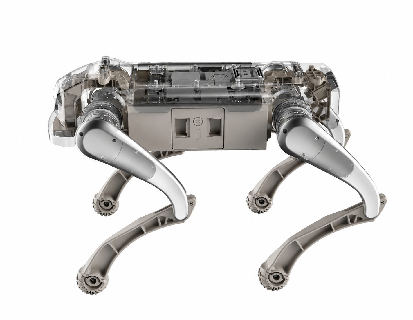 GENISOM Gangben L1, quadruped robot with transparent housing and feet, studio photo on a white background