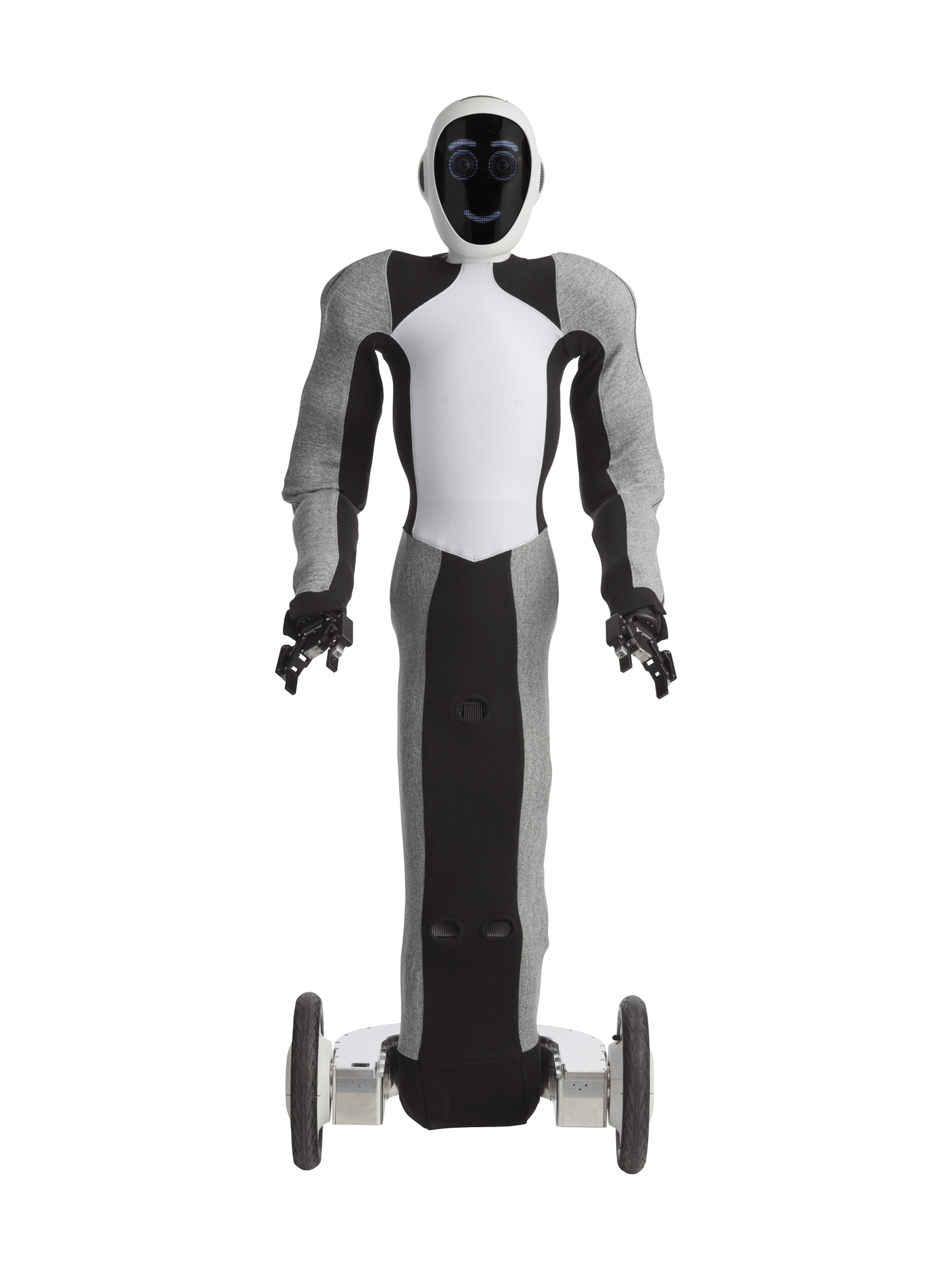 EVE from 1X Technologies, a white humanoid with a black face screen, grey and black sleeves, a long column-shaped body and a wheeled base, seen from the front with arms hanging