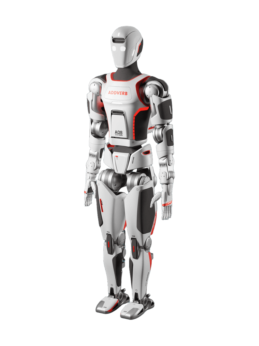 Addverb Elixis, white, grey and red bipedal humanoid, seen at an angle from the front, manufacturer rendering