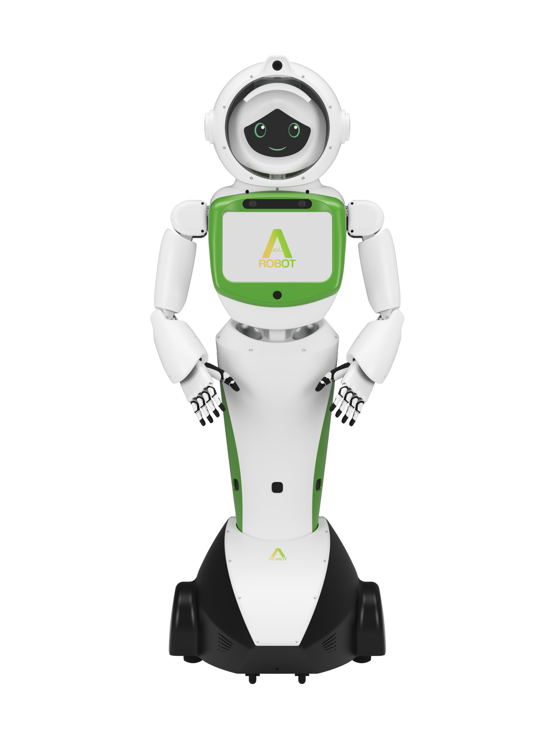 AeiROBOT AIMY, white humanoid with a round helmet-like head and a cartoon face, a green-framed screen on the chest, on a black wheeled base, seen from the front, manufacturer image