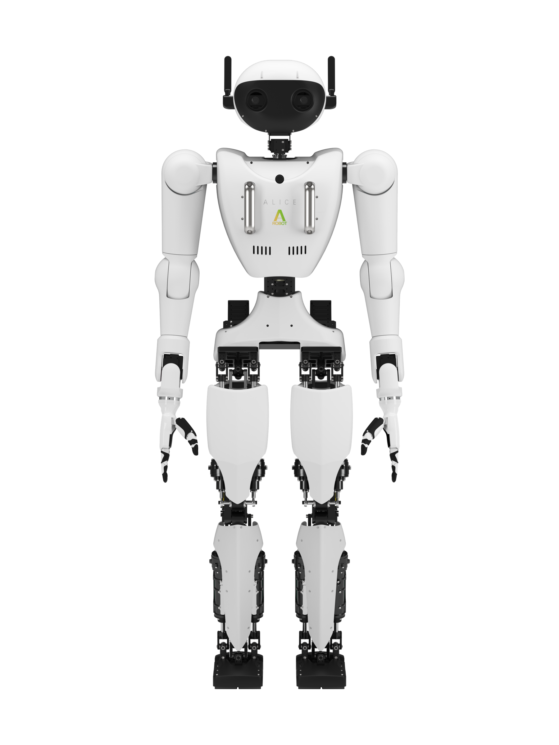 AeiROBOT ALICE 4, white and black bipedal humanoid with a rounded head and two antennas, seen from the front, manufacturer image