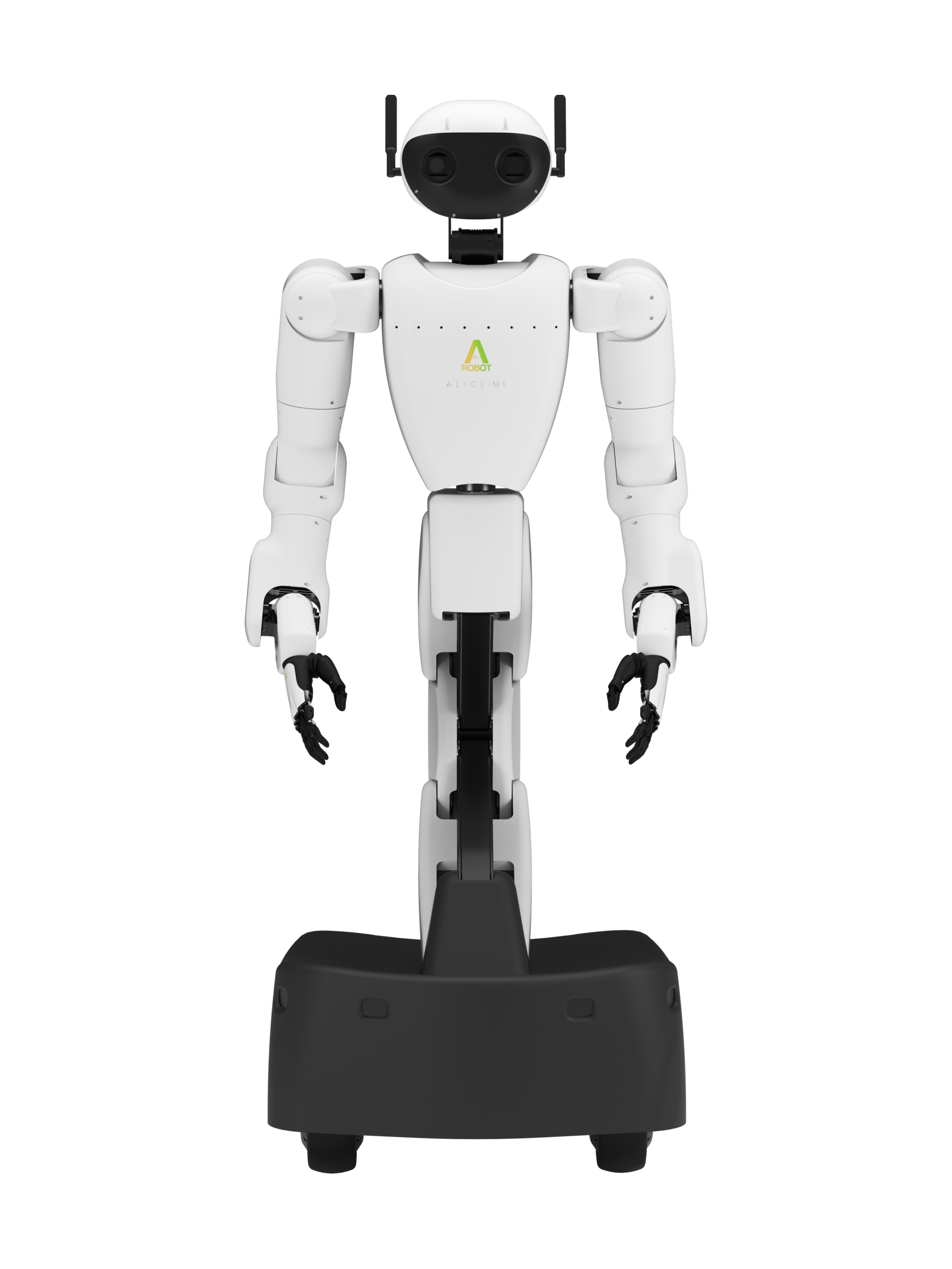 AeiROBOT ALICE M1, white humanoid upper body with a black face panel and two antennas on a black column and a black wheeled base, seen from the front, manufacturer image
