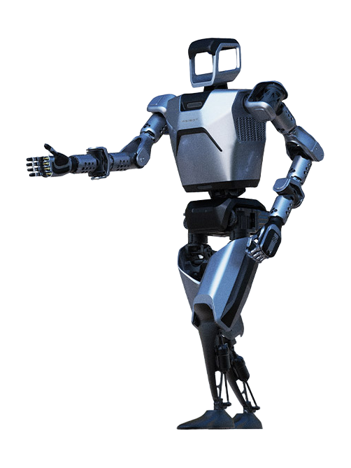 AgiBot A2-Max, silver and blue bipedal humanoid with a square open-frame head, one arm stretched out to the side, seen at an angle from the front, manufacturer rendering