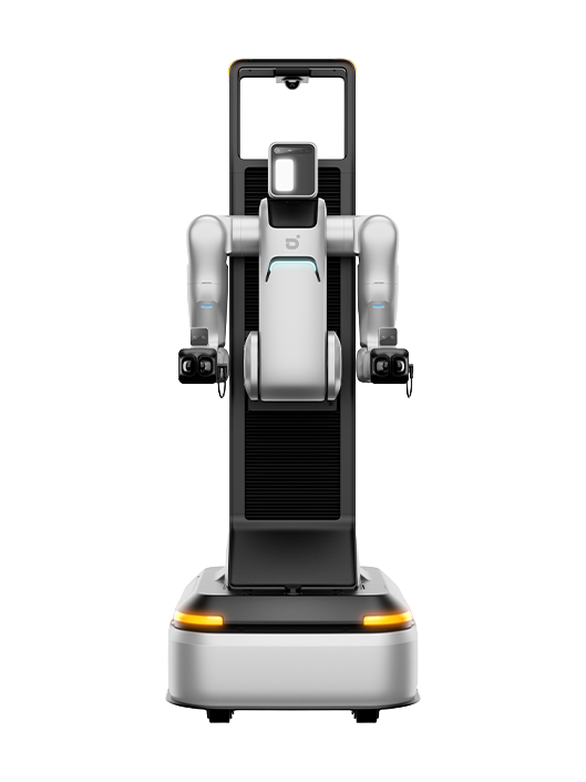 Agibot A2-W, white and black two-armed humanoid robot with a screen head on a tall wheeled base, manufacturer product image
