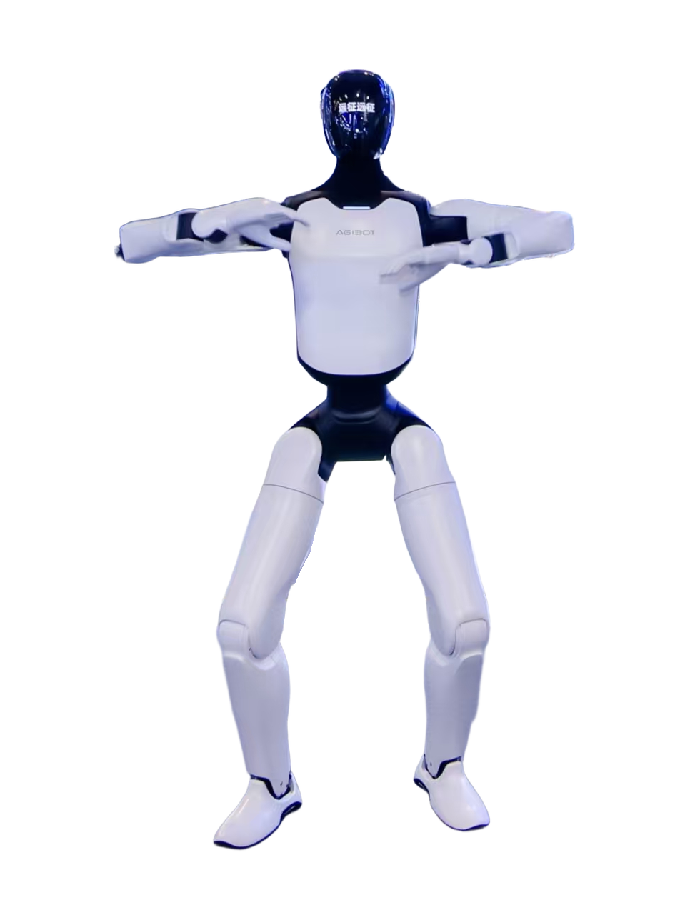 AgiBot A3 Ultra, white and dark blue bipedal humanoid with a black head, arms stretched forward and knees slightly bent, seen from the front, manufacturer photo