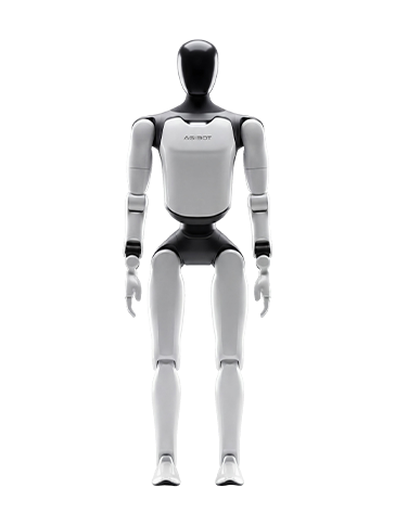 Agibot A3, white bipedal humanoid robot with a black head, seen from the front, manufacturer product image