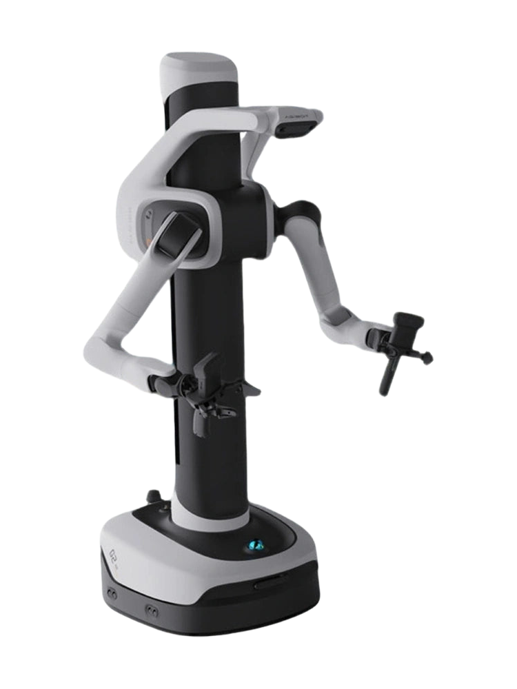 Agibot G2 Air, mobile manipulator with a black column on a low white and black wheeled base, two light grey arms with black grippers and a white sensor boom at the top