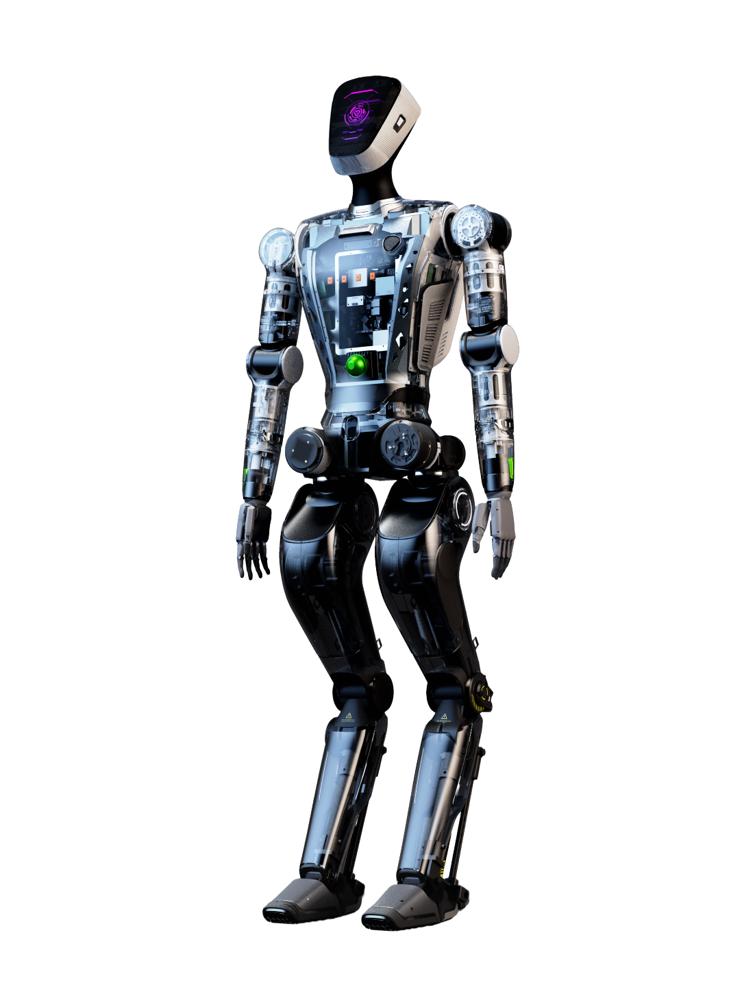 AgiBot RAISE A1, bipedal humanoid with transparent shells over silver mechanics, black legs and a white head with a black screen with purple light, standing with slightly bent knees, seen at an angle from the front, manufacturer rendering