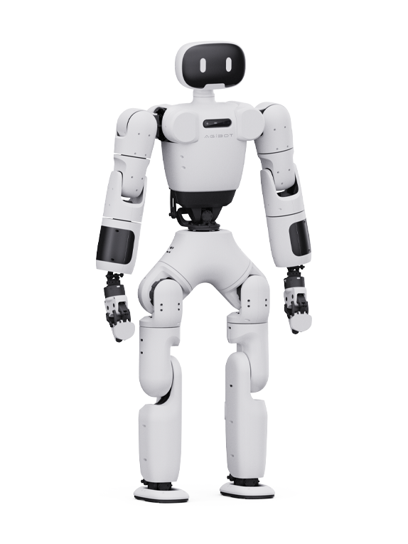 Agibot X1, white bipedal humanoid robot with a black display face, seen from the front, manufacturer product image