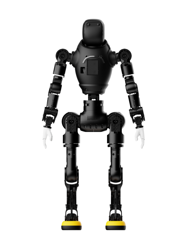 Agibot X2 EDU, black humanoid without body shells with exposed joints and motors, an oval black head, white hands and yellow soles, standing with arms down, seen from the front, manufacturer rendering