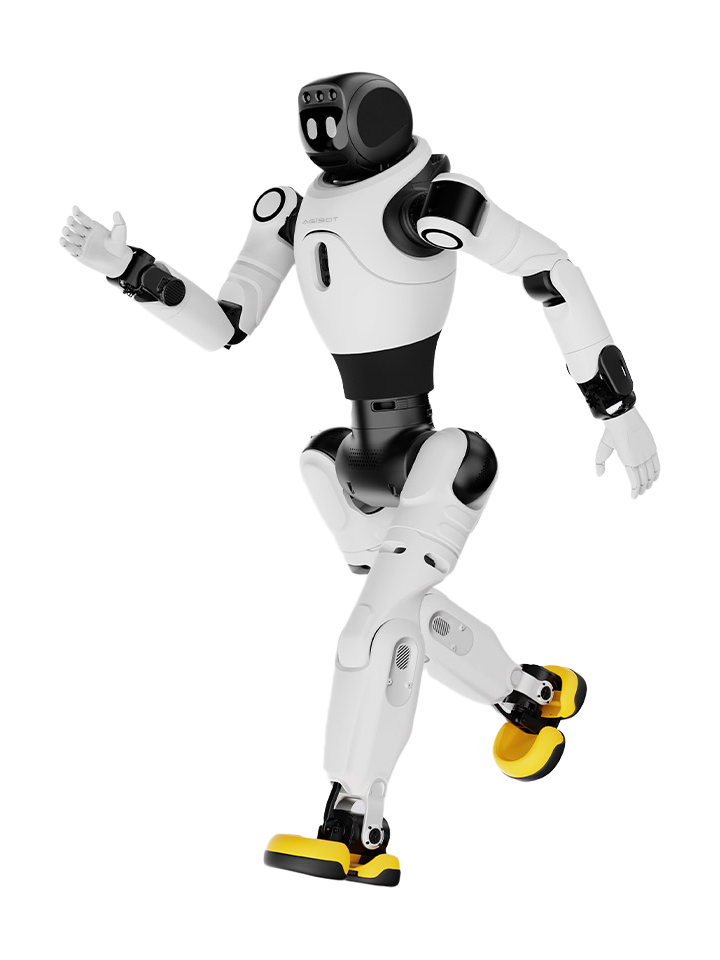 AgiBot X2 Ultra, white and black humanoid robot with a round black head with three cameras, five-fingered hands and yellow feet, running with one leg lifted, seen at an angle from the side, manufacturer rendering