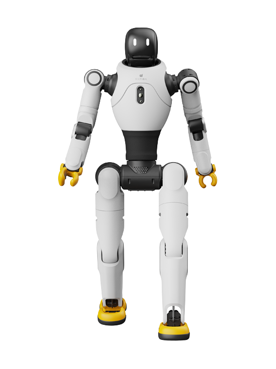 Agibot X2, white bipedal humanoid robot with yellow grippers and feet, manufacturer product image