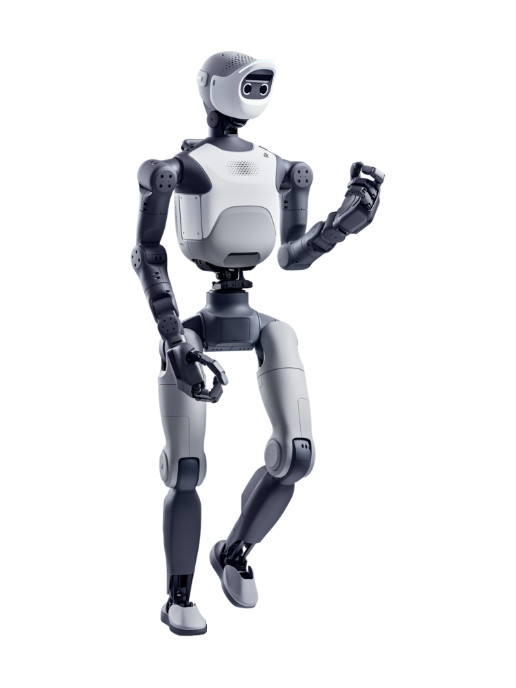 Agile ONE S, bipedal humanoid with a grey and white head with a black face screen, a white torso, dark grey arms and hands and light grey legs, in a slightly turned pose with one arm raised