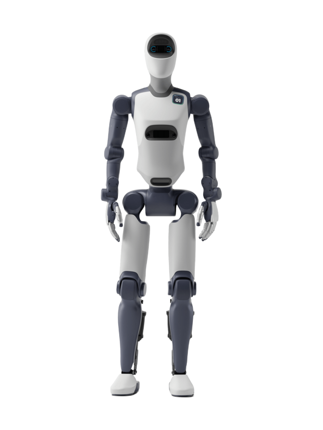 Agile Robots Agile ONE, white and blue-grey bipedal humanoid with an oval head, seen from the front, manufacturer rendering