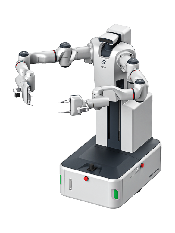 Agile Robots H10-W, white robot with two long arms with grippers on a white lifting column above a white and black wheeled base, seen at an angle from the front, manufacturer rendering