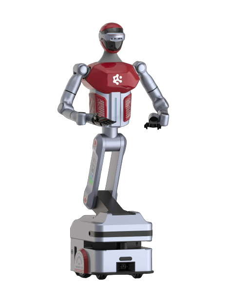 AI² Robotics AlphaBot 2, red and silver two-armed humanoid robot on a lifting column and wheeled base, manufacturer rendering