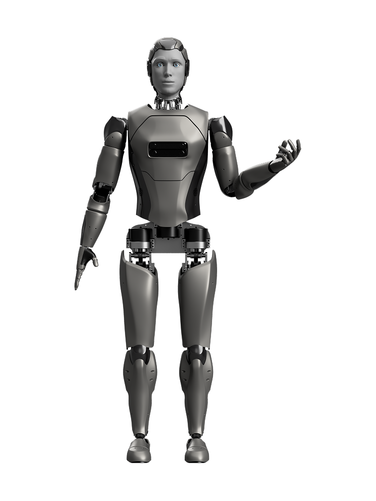 AIDOL, grey bipedal humanoid with a human-like face with blue eyes under a segmented grey helmet, exposed mechanics at the neck and hips and a black screen on the chest, standing with its left hand raised palm up, seen from the front, manufacturer rendering