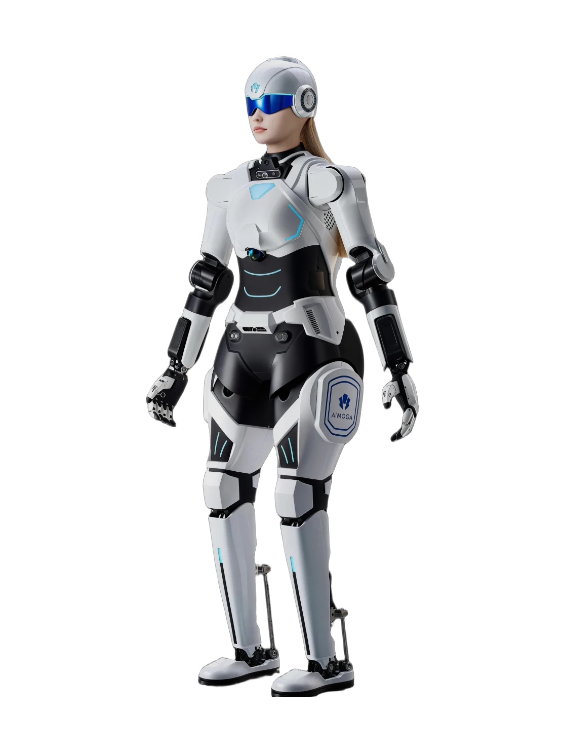 AiMOGA Mornine, white and black bipedal humanoid with a human-like female face, long blonde hair, a white helmet and a blue visor, standing, seen at an angle from the front, manufacturer rendering