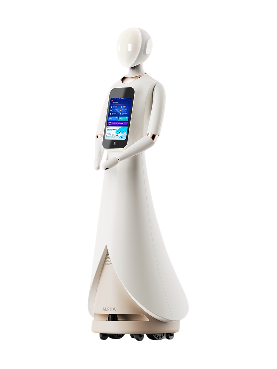 Alpha Robotics Ciao, white and cream reception robot with a white head with two light eyes, two arms, a screen on the chest and a long bell-shaped body on a wheeled base, seen at an angle from the front, manufacturer image