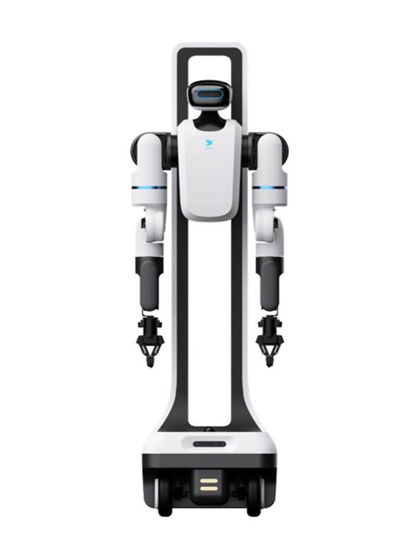 Alpha Robotics Jingang G1, white wheeled humanoid with a black face screen with a blue light band, a white torso and two arms with grippers, mounted in a tall arched black and white frame on a wheeled base, seen from the front, manufacturer image
