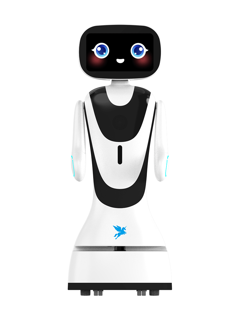 Alpha Robotics Xiaoyu, white and black reception robot with a screen head showing drawn blue eyes and a smile, two short arms down along the body and a white base, seen from the front, manufacturer image