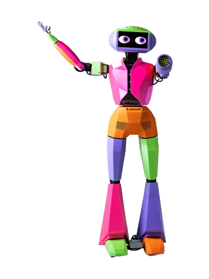 Andromeda Robotics Abi, colourful bipedal humanoid in pink, orange, purple and green with a screen face and one arm raised, manufacturer photo