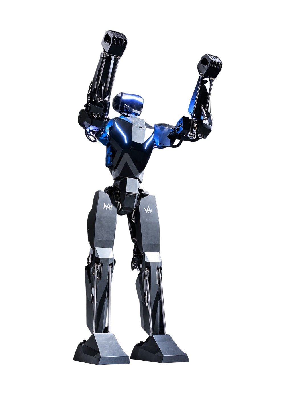 Arkshel MX01, black and blue angular bipedal humanoid with a blue glowing head, light strips on the chest and large foot blocks, with both arms raised and fists clenched, seen slightly from the side, reseller product image