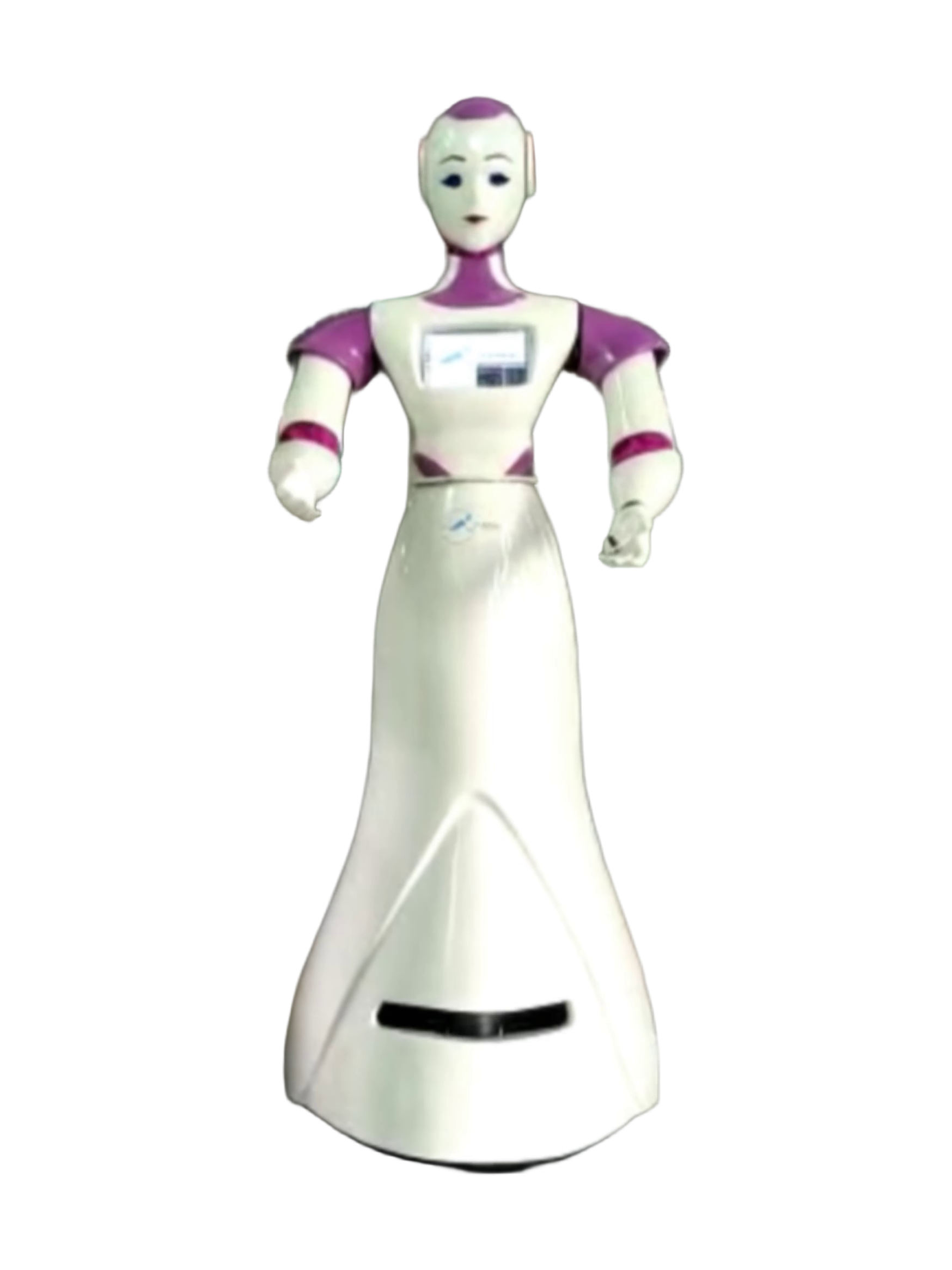 Asimov Robotics SAYABOT, white humanoid robot with a female face, purple shoulders, neck and arm bands, a screen on the chest and a long bell-shaped body instead of legs, standing, seen from the front, still from the manufacturer's video