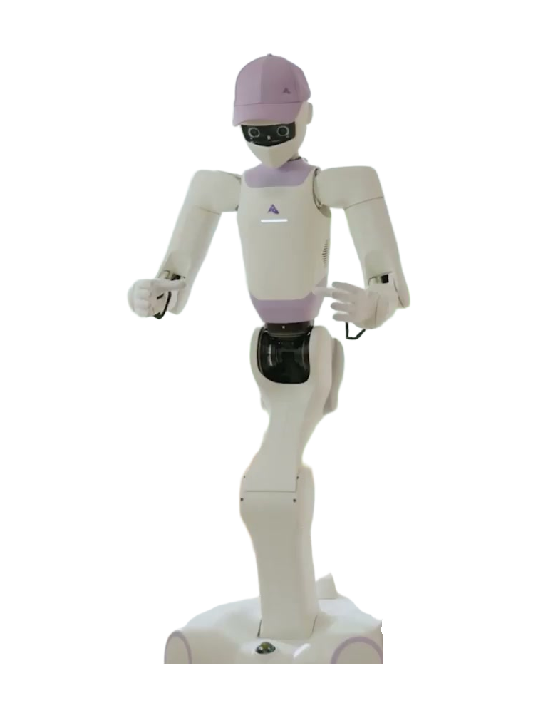 Astribot T1, white humanoid upper body with a lilac cap, a black face screen and two arms on a white column above a white wheeled base, seen from the front, base cropped at the bottom, still from the manufacturer video