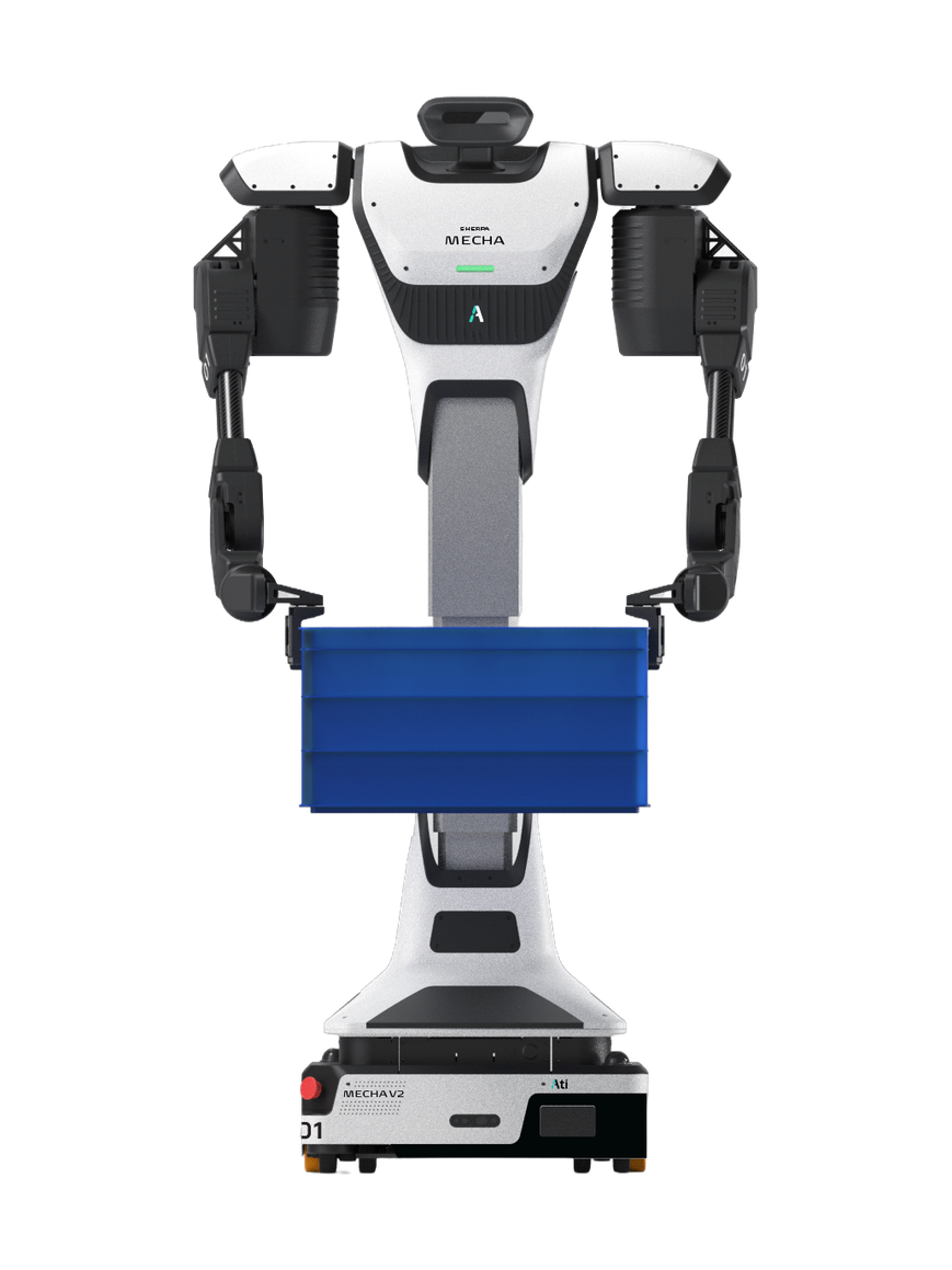 Ati Sherpa Mecha, white and black two-armed robot upper body on a column above a white wheeled base, holding a blue crate, seen from the front, manufacturer rendering