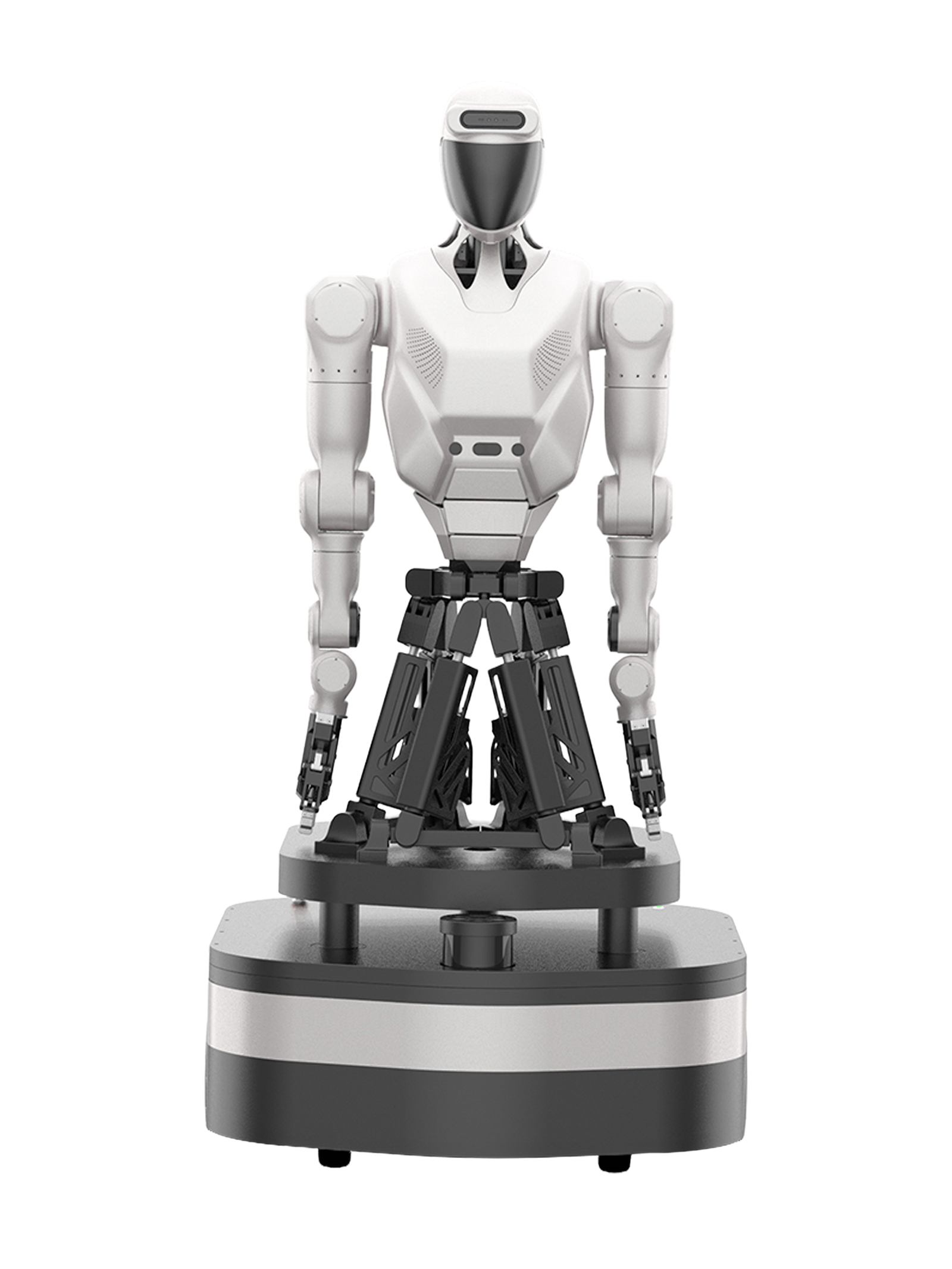 ATOMROBOT SkyBot AR-H1, white humanoid upper body with a black visor on a black parallel lifting mechanism above a round base, seen from the front, manufacturer rendering