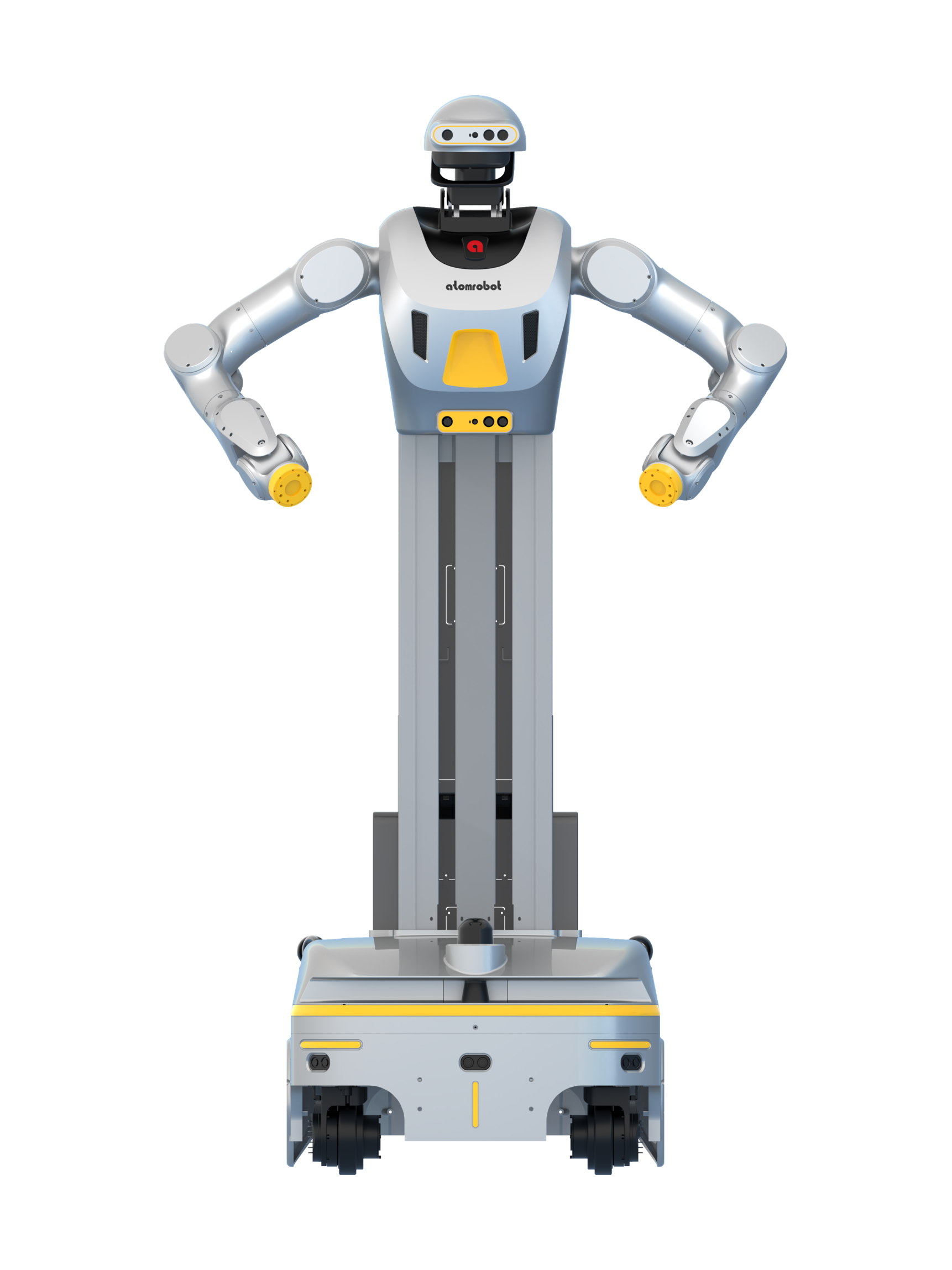 ATOMROBOT SkyRise AR-H2, grey and white humanoid upper body with yellow details on a tall lifting column and a wheeled base, seen from the front, manufacturer rendering