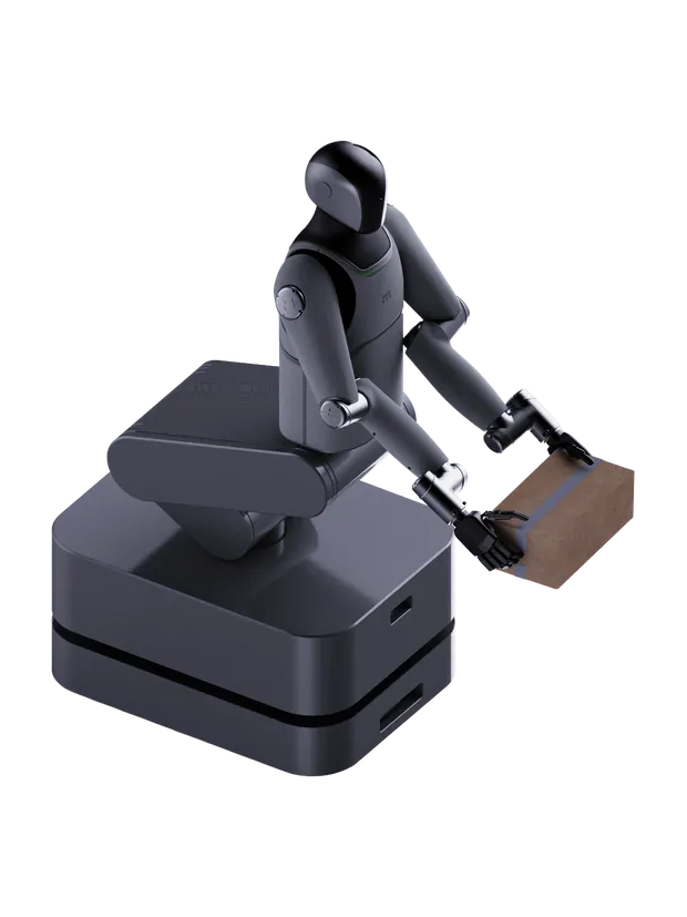 AXL Imperial MARK One, dark grey humanoid upper body with a black head on a large dark grey box-shaped base, holding a brown cardboard box, seen at an angle from the front, manufacturer rendering