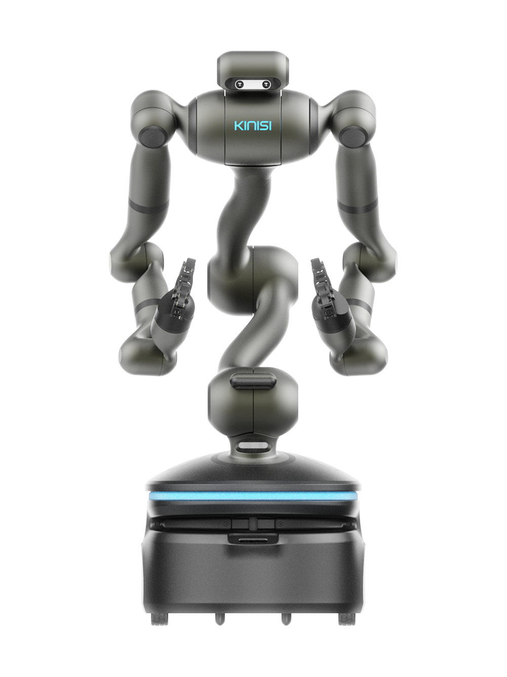 Bear Robotics Kinisi KR1, dark grey robot with two arms on an S-shaped body above a black wheeled base with a blue light, seen from the front, manufacturer rendering