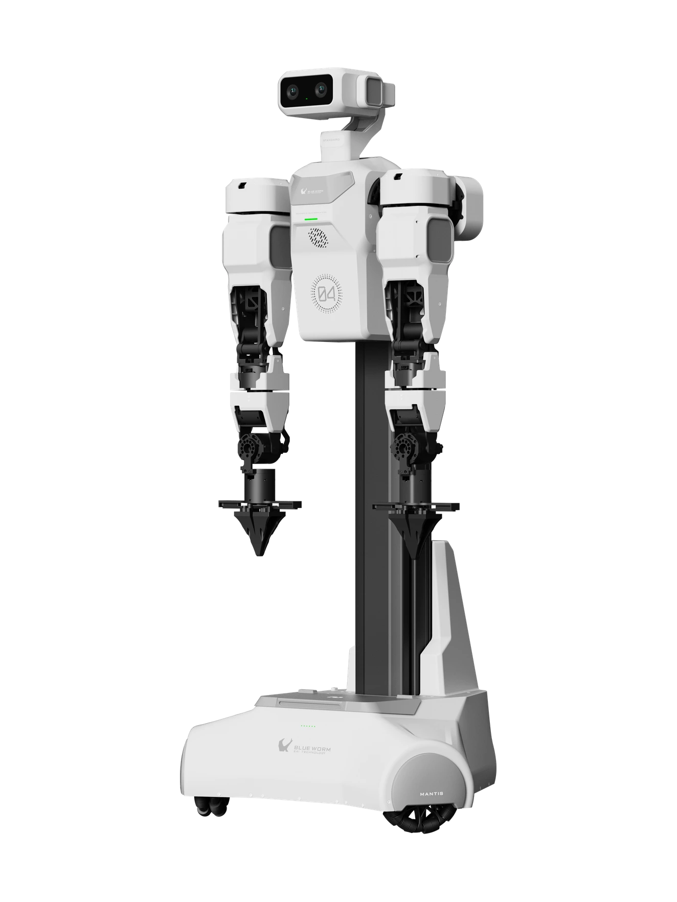 Blue Worm Mantis Standard, white robot with two tool-tipped arms on a black column above a white wheeled base, seen from the front, manufacturer rendering